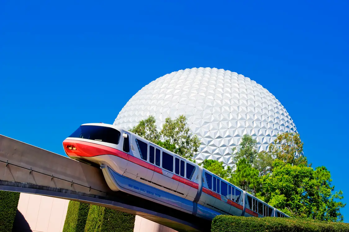 Monorail in front of Spaceship Earth