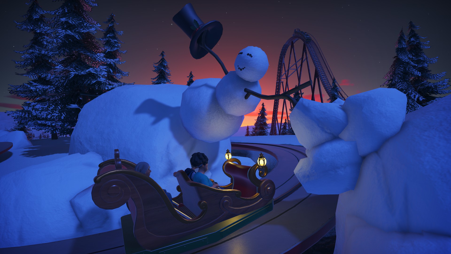 A smiling snowman over a sleigh ride