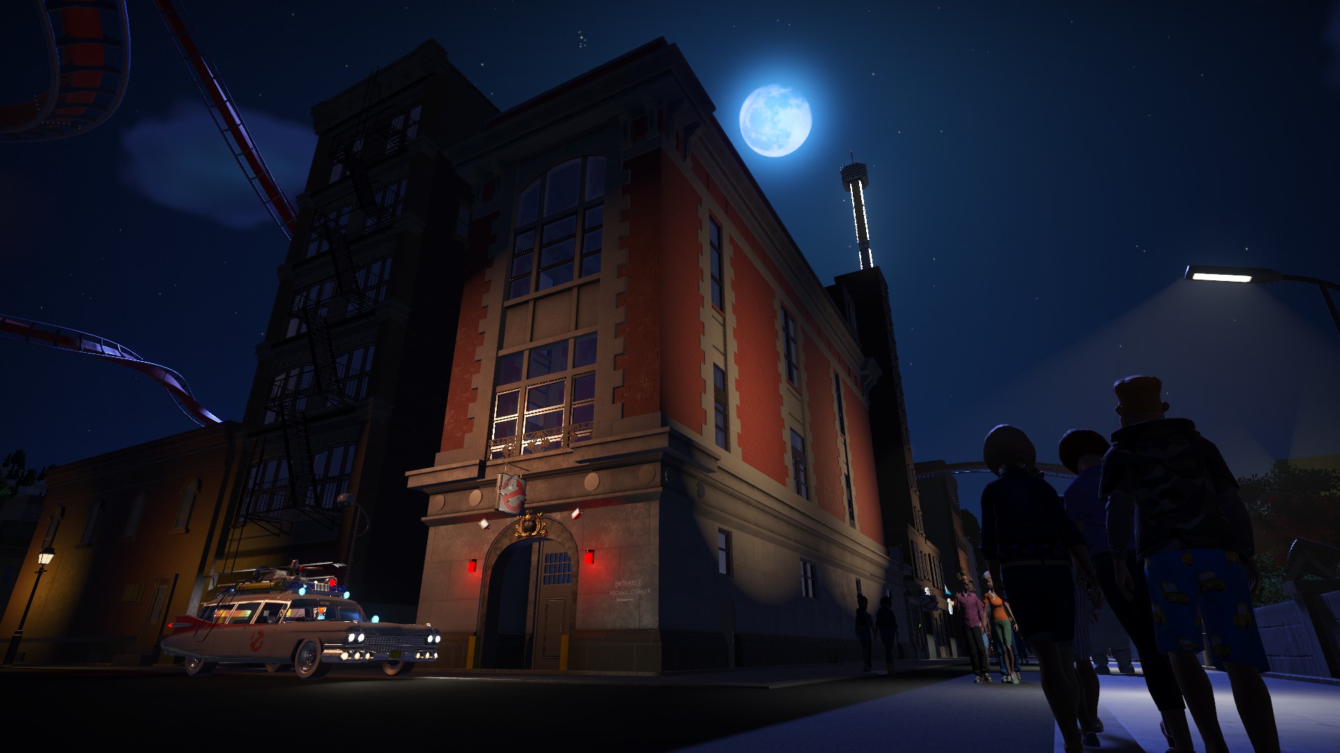 The Ghostbusters Firehouse in the moonlight