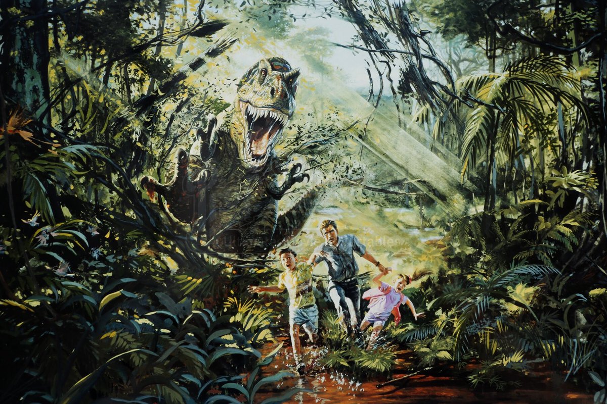 Concept art for the T-Rex chasing Grant and the kids