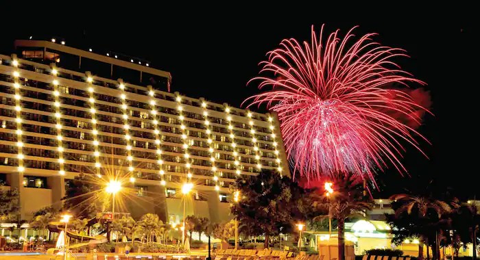 Magic Kingdom Fireworks behind Disney's Contemporary Resort