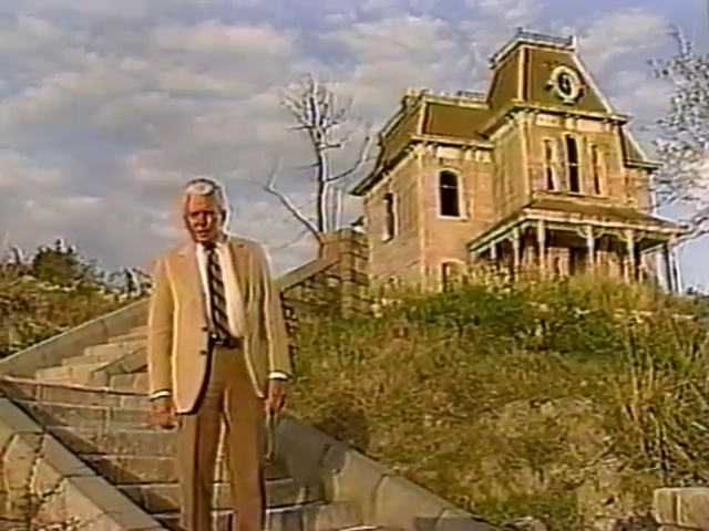 John Forsythe in front of the Psycho house