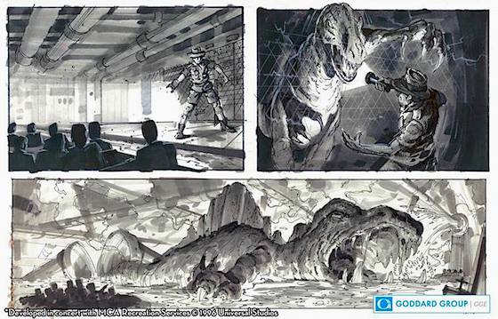 Concept art of lost scenes from Jurassic Park: The Ride