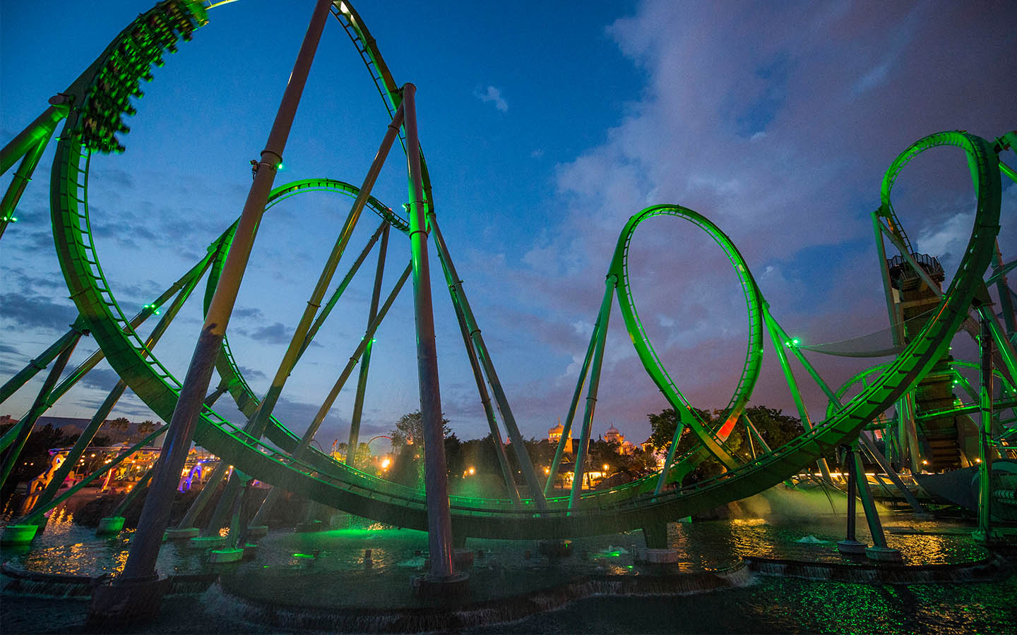 Incredible Hulk Coaster hauling at night