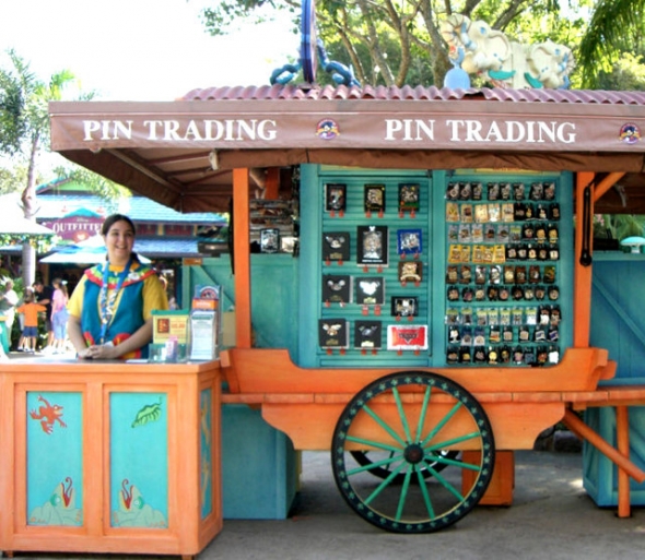 Many of the ticket booths are now pin trading stations.