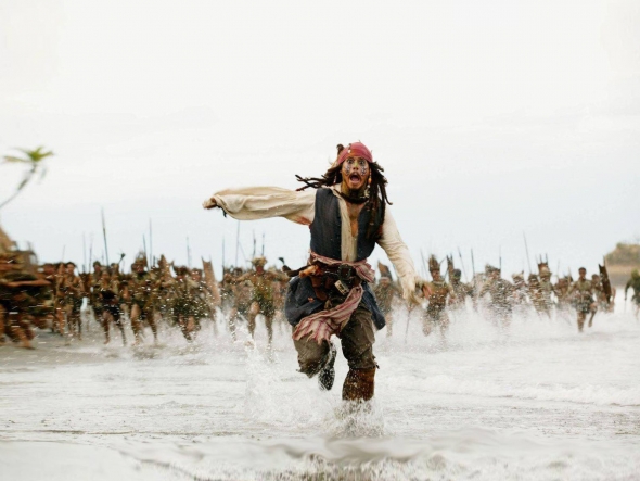 Captain Jack Sparrow running from cannibals