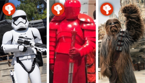 Disney's official NOPE costume list-- stormtroopers, royal guards, and wookies