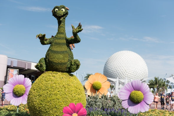 Figment topiary in front of Spaceship Earth