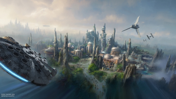 Concept art of Millennium Falcon flying into Black Spire Outpost