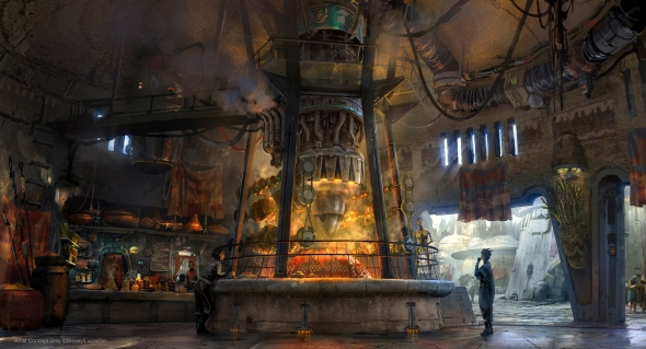 Dining location with meat roasting on a giant engine in Galaxy's Edge