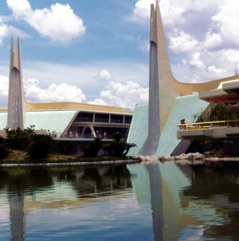 Original entrance to Tomorrowland with waterfalls.