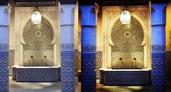Fountain at Epcot's Morocco (before and after retouch)